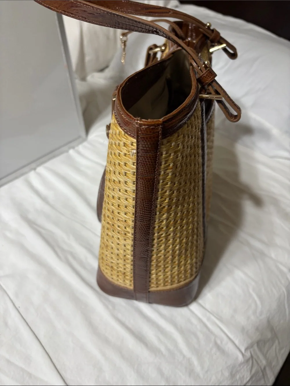 Brahmin Natural Woven Tote with Brown Trim. EUC